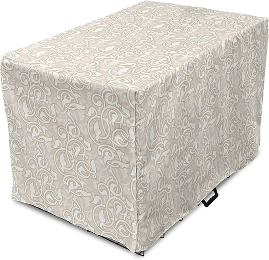 Lunarable Cream Dog Crate Cover, Oriental Motifs with Antique Damask Inspired Design Retro Revival Swirls, Easy to Use Pet Kennel Cover for Medium Large Dogs, 36 Inch, Beige White