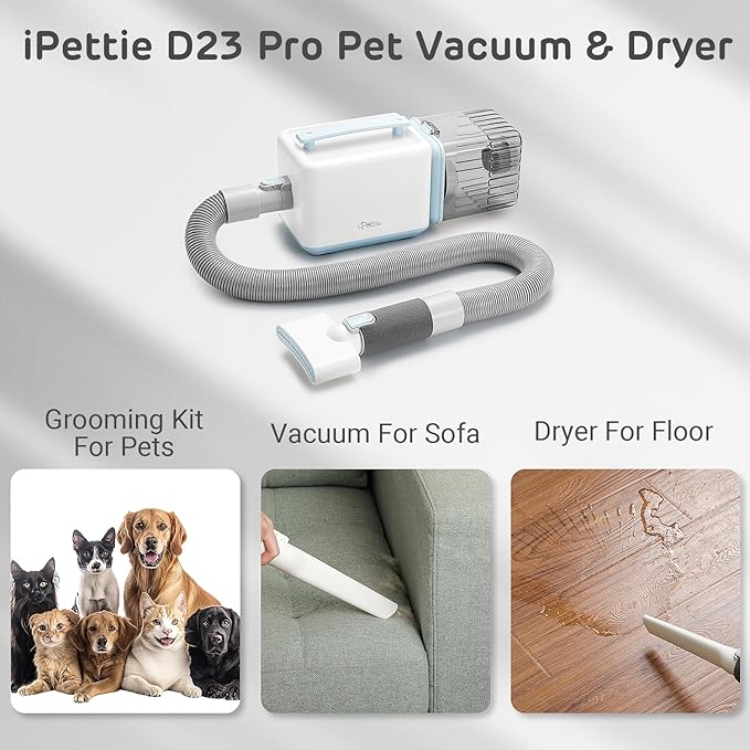 iPettie D23 Pro Pet Grooming Kit for Dogs: Vacuum Dog Brush and Dog Trimmer Vacuum — 95°F-140°F Adjustable Temperature, Adjustable Wind Speed, 23000 PA Suction for All Pet Grooming Needs