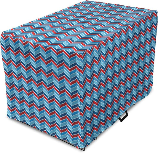 Lunarable Chevron Dog Crate Cover, Abstract Dimension Effects Featured Wavy Zigzag Leaf Curve Contrast Image, Easy to Use Pet Kennel Cover for Small Dogs Puppies Kittens, 18 Inch, Violet Blue Red Aqua