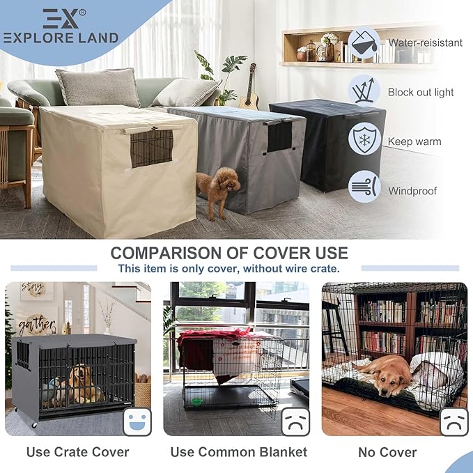Explore Land 42 inches Dog Crate Cover Heavy Duty Polyester Pet Kennel Sunshade Universal Fit for Wire Cage (Grey)