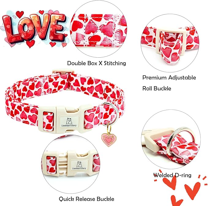 Lionheart glory Valentine's Day Collar, Red Hearts Dog Collar for Medium Cute Dog Collars Spring Female Pet Gift Adjustable Heavy-Duty Holiday Dog Collar Plastic Buckle