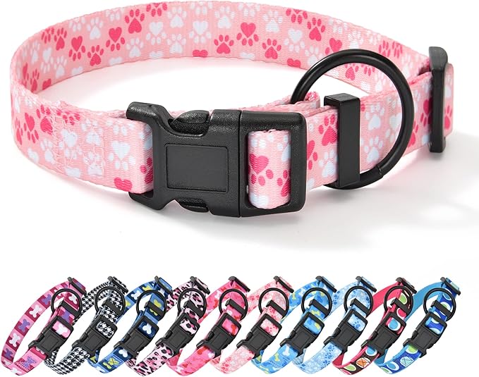 Mile High Life Dog Collar | Nylon Puppy Collars w Cute Patterns | Lightweight Girl Dog Collar | Boy Dog Collar for Small/Medium/Large Dogs (Pink Foot, Medium)