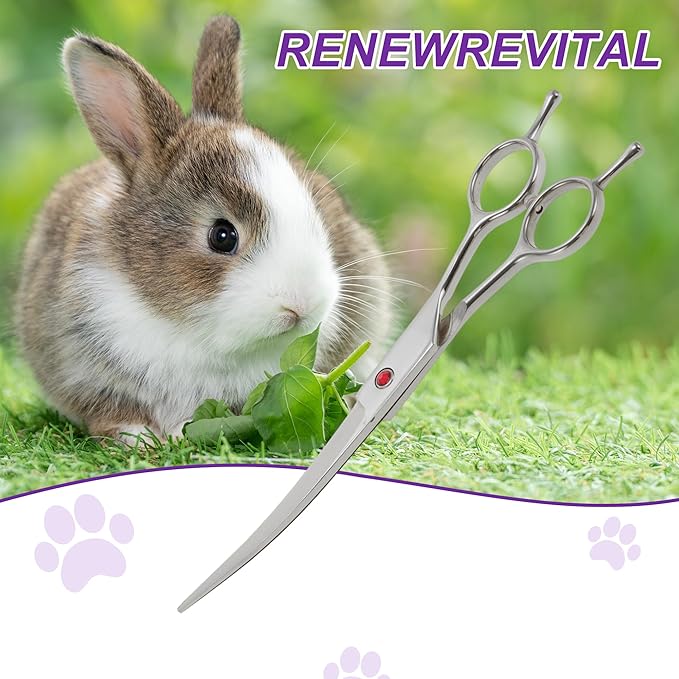 Dog Grooming Scissors, with Ergonomic Handle, Pill Popper for Cats, Upper Bend Shears, Stainless Steel Curved Shears for Dogs Cats, Silver Tone, 7.5"