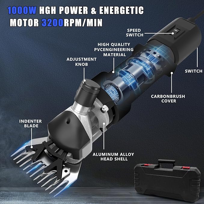 PAT JUUMG 1000W Sheep Shears Electric Farm Livestock Haircut with 2 Blades Professional Animal Clippers 6 Speed Heavy Duty Electric for Thick Horses Sheep Alpacas Goats(Black)