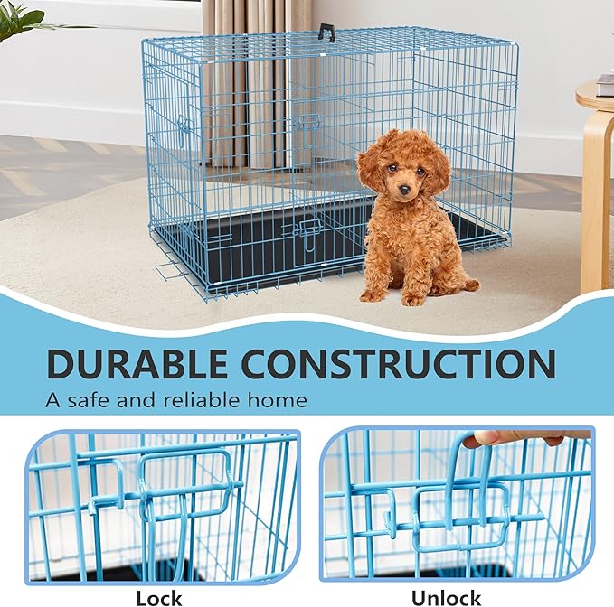 FDW Dog Crate Dog Kennel Cage with Double Door,36 inch Folding Metal Wire Dog Cage with Removable Tray&Divider Panel,Pet Crate for Medium Dogs,Blue