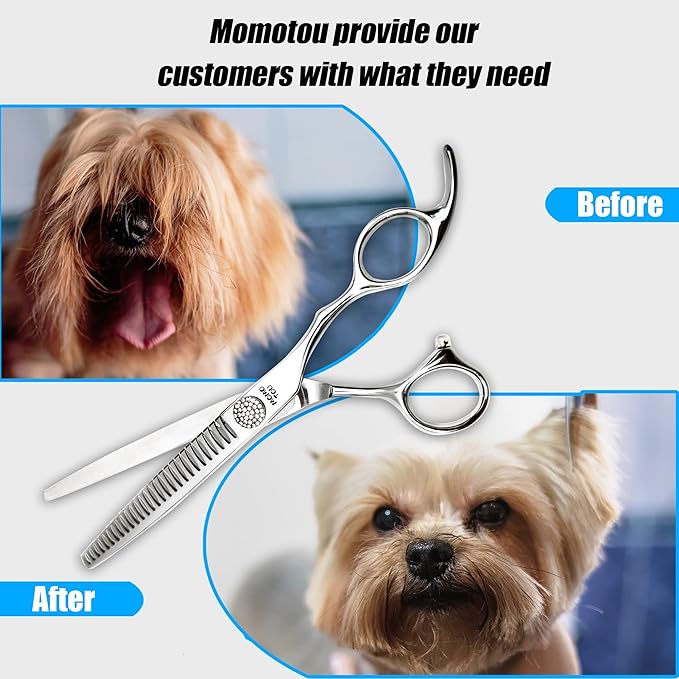 Polished Dog Grooming Scissors Set with Simulation Diamond 440C Stainless Steel Thinner Curved Straight Chunker Shears with Comb 7.5''