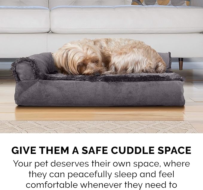 Furhaven Orthopedic Dog Bed for Large Dogs w/ Removable Bolsters & Washable Cover, For Dogs Up to 125 lbs - Plush & Velvet L Shaped Chaise - Platinum Gray, Jumbo Plus/XXL