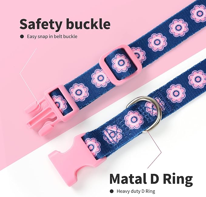 Mile High Life Dog Collar | Cute Puppy Collars | Lightweight Girl Dog Collar | Soft Boy Dog Collars | w Geometric Plaid Wave Line Pattern (Pink Flower, Large)