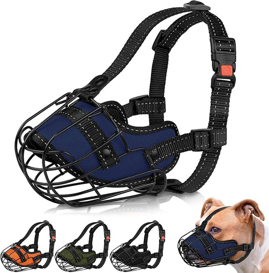OOPSDOGGY Pitbull Dog Muzzle Reflective Metal Mask Secure Wire Basket Muzzle for Large Sized Dogs Amstaff Soft Cage Muzzle to Prevent Biting Chewing with Adjustable Nylon Straps (Blue, Pitbull)