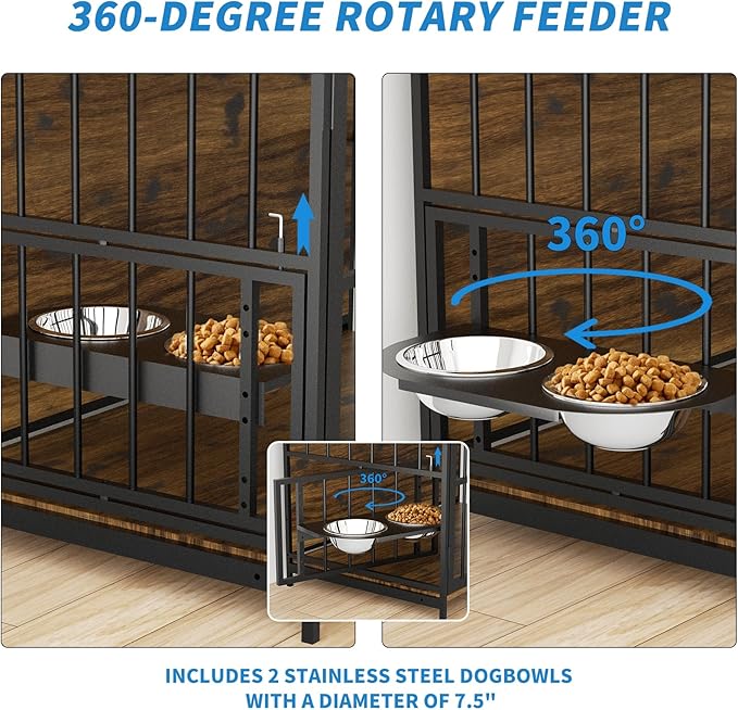 LOVMOR Dog Cage Furniture with Rotating Feeder Bowls, Dog Kennel Indoor with Cushion, Dog Crates for Large Dogs, 48" L X 30" W 43" H, Rustic Brown