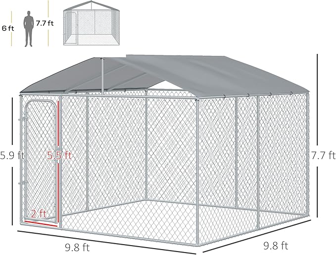 PawHut Large Dog Kennel Outside, Heavy Duty Dog Cage with Waterproof Cover, Outdoor Fence Dog Run with Galvanized Chain Link, Secure Lock, 9.8' x 9.8' x 7.7'