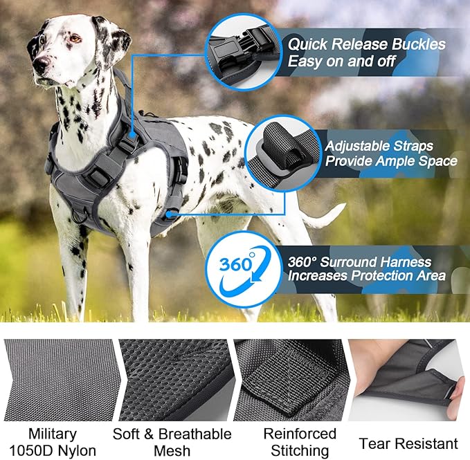 WINGOIN Grey Harness with Handle, Metal Buckles Tactical Dog Harness Vest for Large Medium Dogs No Pull Adjustable Reflective K9 Military Dog Vest Harnesses for Walking, Hiking, Training(M)
