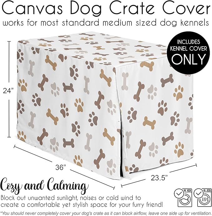 Sweet Jojo Designs Bone Paw Print Dog Crate Cover – Kennel Covers for 36 Inch Pet Cage Medium - Neutral Grey Taupe Brown Modern Off White Gray Tan Puppy