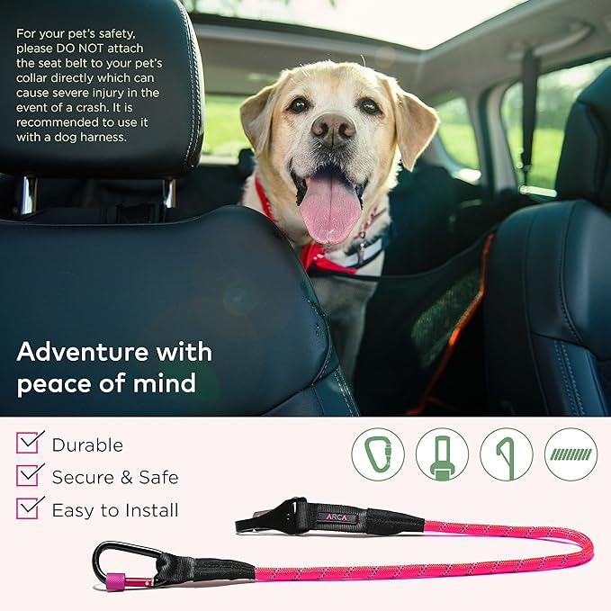 Dog Seat Belt for Car | Universal Dog Car Seatbelt | Durable Reflective Dog Seatbelt with Clip Hook Latch, Buckle and Carabiner- Safe and Secure Pet Safety Restraint for Dog (Pink)