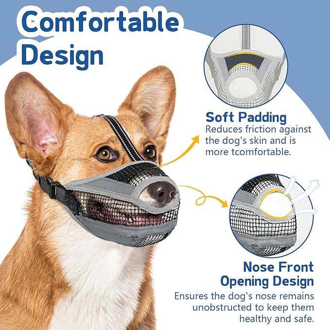 Dog Muzzle for Large Medium Small Dogs, Soft Mesh Muzzle for Dogs with Reflective Adjustable Strap, Prevent Biting Chewing and Licking, Dog Nose Open Design for Reduction Friction (Grey, L)