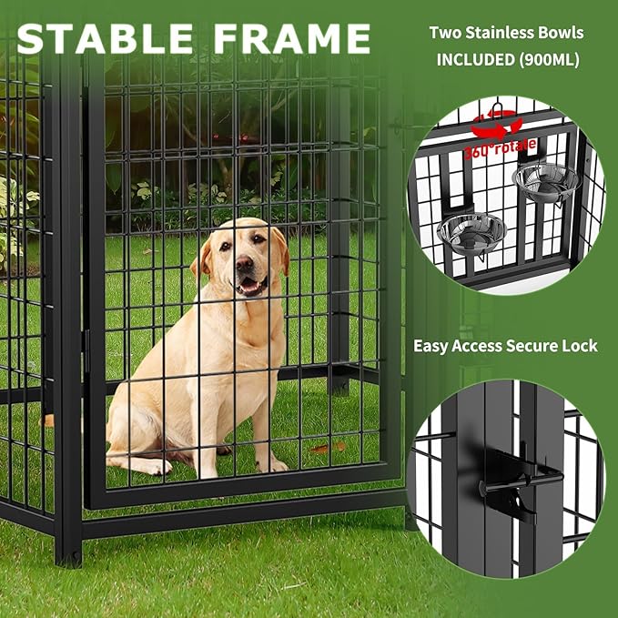 Large Dog Kennel Outdoor Pet Pens Dogs Run Enclosure Animal Hutch Metal Coop Fence with Rotating Bowl