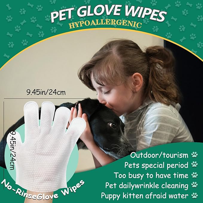 Pet Cleaning and Deodorizing Bathing Grooming Glove Wipes for Dogs and Cats, Extra Thick Nourish Fur No-Rinse Grooming Wipes for Daily Care and Travel, Hypoallergenic, 30 pcs
