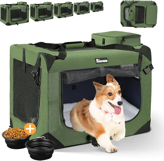 Extra Large Dog Crate with 2 Foldable Bowl, 28 Inch Collapsible Travel Dog Crate Kennel with Soft Blanket for Medium Dogs,Indoor & Outdoor (28" L x 20" W x 20" H, Green)