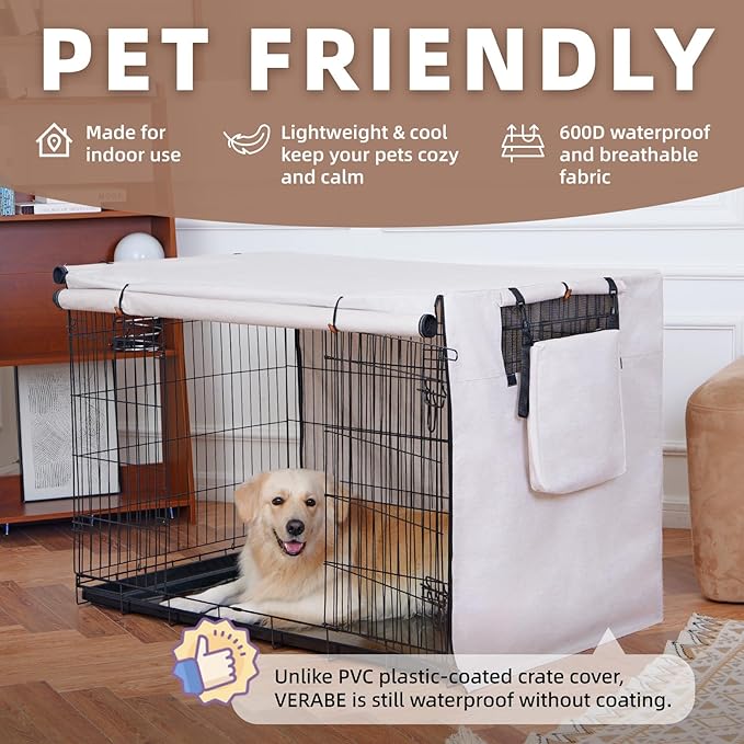 600D Dog Crate Cover, Waterproof Pet Kennel Cover with Storage Bag Fit for 36 Inch Wire Crate Dog Cage, 36 Inches, Beige