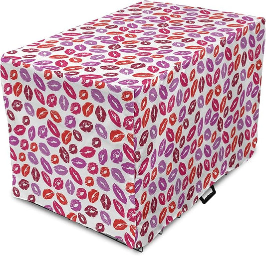 Lunarable Kiss Dog Crate Cover, Fun Colorful Design Lipsticks Kisses Fashion Illustration Print Artwork, Easy to Use Pet Kennel Cover for Medium Large Dogs, 48 Inch, Fuchsia and Raspberry