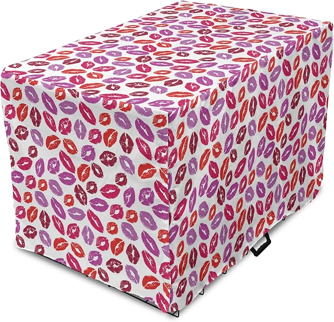 Lunarable Kiss Dog Crate Cover, Fun Colorful Design Lipsticks Kisses Fashion Illustration Print Artwork, Easy to Use Pet Kennel Cover for Medium Large Dogs, 42 Inch, Fuchsia and Raspberry