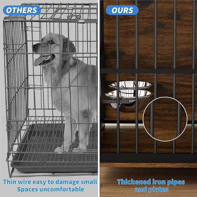 LOVMOR Dog Cage Furniture with Rotating Feeder Bowls, Dog Kennel Indoor with Cushion, Dog Crates for Large Dogs, 48" L X 30" W 43" H, Rustic Brown