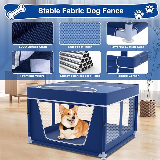 42x42x26 Inches Blue Puppy Playpen with Top Cover, Dog Playpen for Small Dogs, Sturdy Safety Dog Pen with Thickened Fabric, High-Strength Mesh