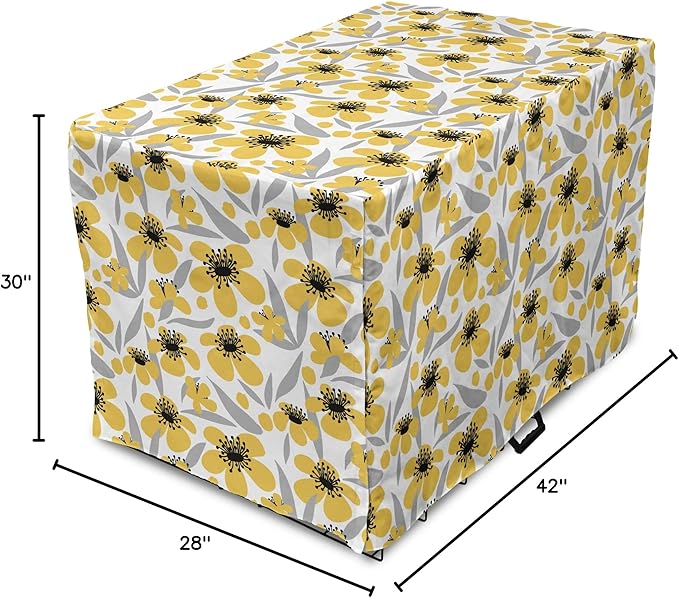 Ambesonne Floral Dog Crate Cover, Minimalistic Graphic Drawing of Yellow Flowers Pattern, Easy to Use Pet Kennel Cover for Medium Large Dogs, 42 Inch, Pale Taupe Charcoal Grey