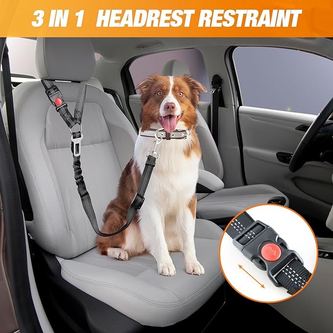 Dog Seat Belt, Adjustable Reflective Dog Car Seatbelt Leash, Elastic Bungee Buffer Heavy Duty Nylon Dog Harness for Travel Riding