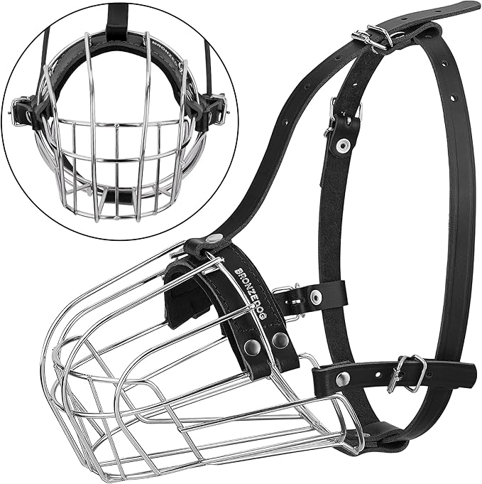 BRONZEDOG Pitbull Dog Muzzle Metal Mask Amstaff Wire Basket Pit Bull Adjustable Leather Straps for Large Dogs (Graphite Metal)