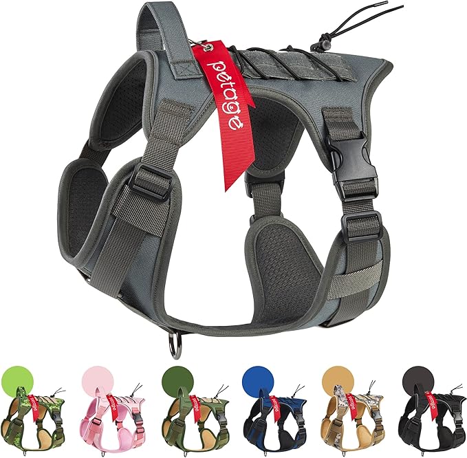 PETAGE Tactical Dog Harness for Small Medium Large Dogs No Pull Adjustable Soft Padded Dog Vest Reflective No-Choke Pet Oxford Vest with Easy Control Pet Vest Military Service Dog Harnesses(Grey XL)
