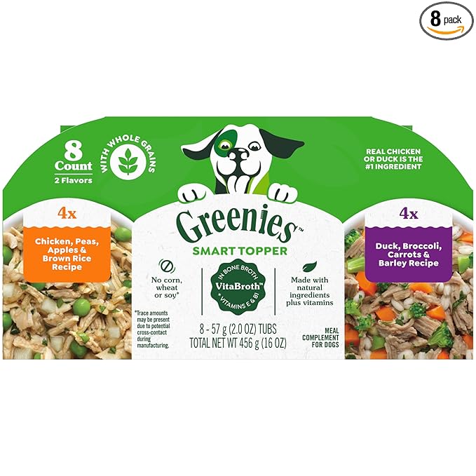 Greenies Smart Topper High Protein Wet Mix-in for Dogs, Chicken, Peas, Apples, and Brown Rice Recipe & Duck, Broccoli, Carrots and Barley Recipe Variety Pack with Whole Grains, 2oz. 8 Trays
