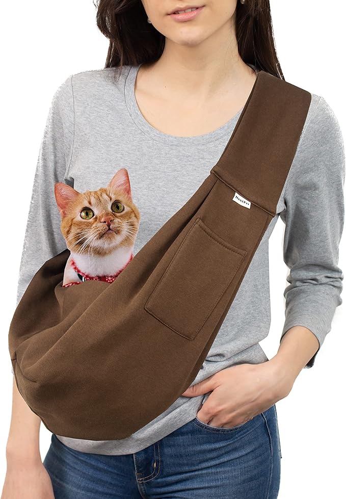 Pet Sling Carrier Adjustable Shoulder Strap Puppy Tote Hands Free Reversible Pet Backpack for Outdoor Travel Classci Brown