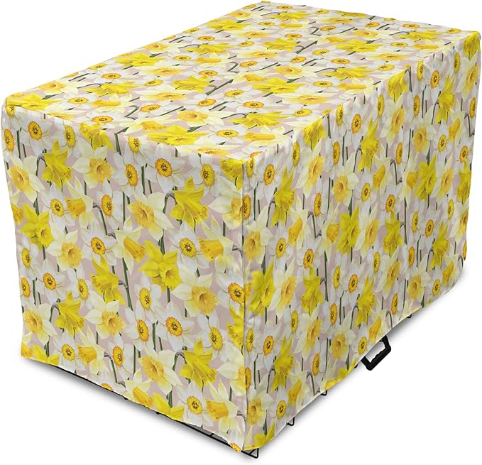 Lunarable Daffodil Dog Crate Cover, Gentle Nature Theme Blooming Spring Season Realistic Romantic Bedding Plants, Easy to Use Pet Kennel Cover for Medium Large Dogs, 42 Inch, Yellow Green Tan