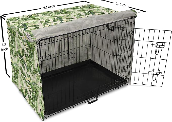 Lunarable Green Dog Crate Cover, Exotic Tropic Pattern with Palm Leaves Breadfruits Plumeria Flowers and Parrots, Easy to Use Pet Kennel Cover for Medium Large Dogs, 42 Inch, Lime Green Cream