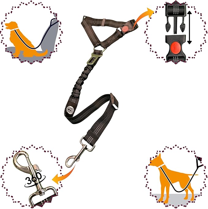 Reflective 2 in 1 Dog Cat Seat Belt Stretchable, Expandable Harness Leash and Headrest Collar Accessary for Vehicle, Pet Safety, Nylon, Heavy Duty and Elastic (Black)