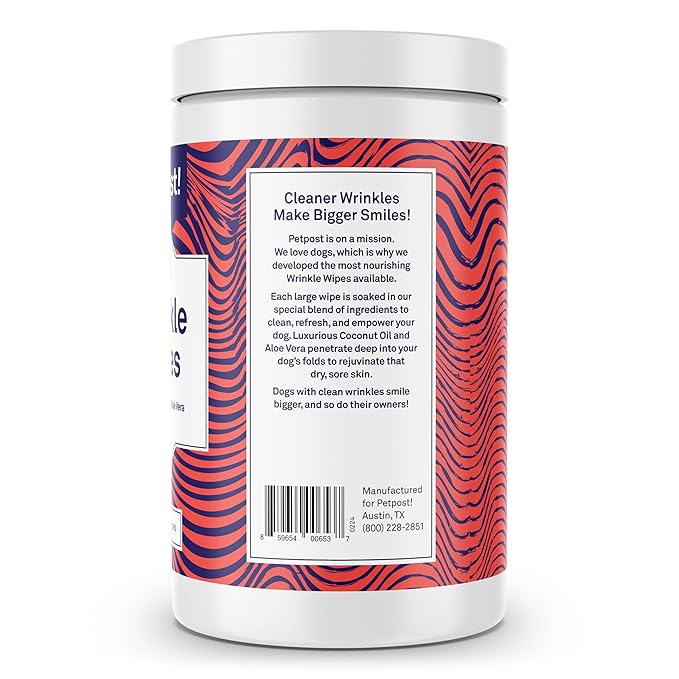 Petpost | Bulldog Wrinkle Wipes for Dogs - 7”x5” XL Wipes in Coconut Oil Solution - Soothes & Cleans Pug Wrinkles and Folds 60 ct.