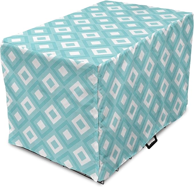 Lunarable Geometric Dog Crate Cover, Nested Diagonal Squares with Tiny Polka Dots Symmetric Repetition, Easy to Use Pet Kennel Cover for Medium Large Dogs, 36 Inch, White and Pale Teal