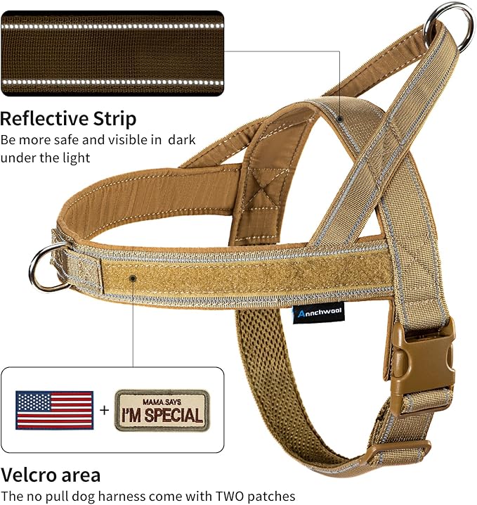 Annchwool No Pull Dog Harness with Padded Handle+5 Ft Leash,Reflective Strip Escape Proof and Quick Fit to Adjust Dog Harness,Easy for Training Walking for Small & Medium and Large Dog(Brown-Set,L)