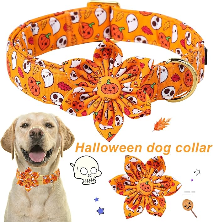 ARING PET Halloween Dog Collar-Cotton Pumpkin Dog Collar with Flower, Adjustable Halloween Themed Dog Collars Pet Necklace with Metal Buckle for Girl&Boy Dogs