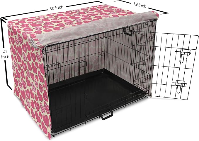 Lunarable Hearts Dog Crate Cover, Valentines Day Inspired Heart Designs with Various Styles Curved Lines Flowers Bows, Easy to Use Pet Kennel Cover for Cats & Medium Dogs, 30 Inch, Cream Pink