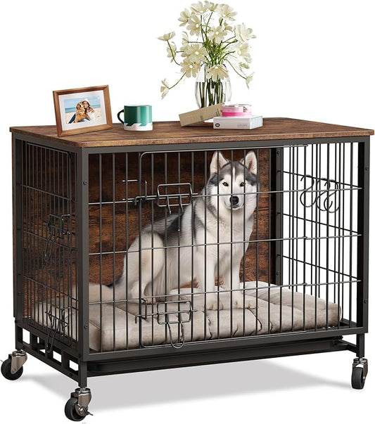 Dog Crate Furniture, 32.5" Modern Double-Door Dog House with Pull-Out Tray, Heavy-Duty Wooden Kennel & Removable Wheels, Side Table for Medium Dog Sizes, Rustic Brown