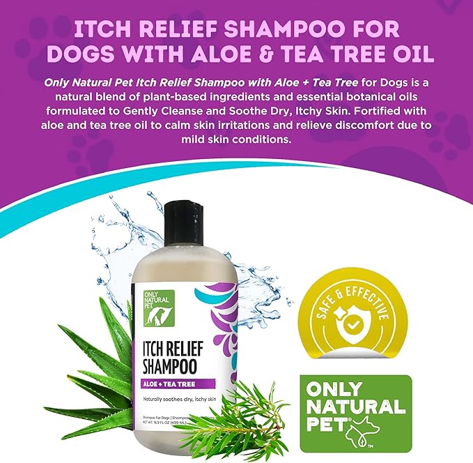 Only Natural Pet Itch Relief Shampoo with Aloe + Tea Tree for Dogs, Oatmeal Dog Shampoo for Dry Itchy Skin Allergies, Anti Itch Sensitive Skin No Sulfates, Parabens, Phosphates, Phthalates - 16.9 Oz