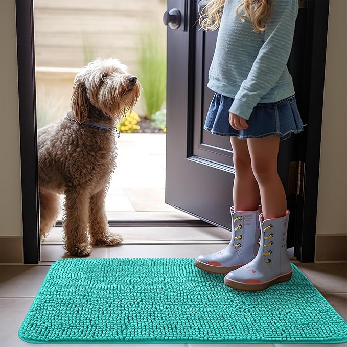 OLANLY Dog Door Mat for Muddy Paws 59x35, Absorbs Moisture and Dirt, Absorbent Non-Slip Washable Mat, Quick Dry Chenille, Mud Mat for Dogs, Entry Indoor Door Mat for Inside Floor, Teal