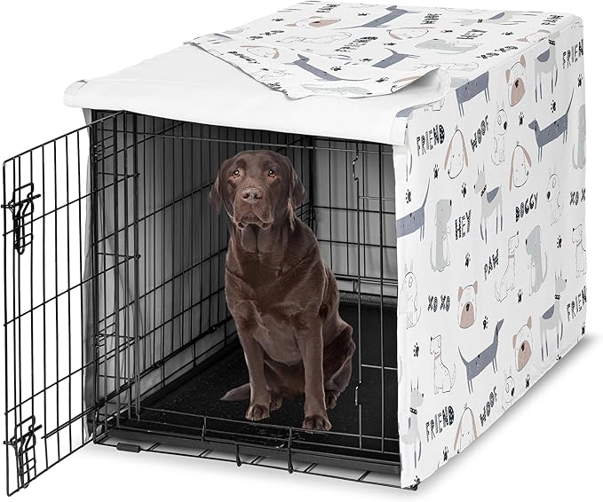Sweet Jojo Designs Cartoon Puppy Print Dog Crate Cover – Kennel Covers for 42 Inch Pet Cage Medium/Large - Neutral Grey Taupe Blue White Modern Bulldog Wiener Doggy Paw Print Gray