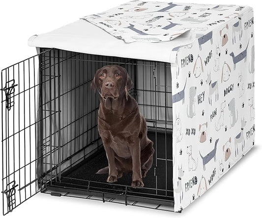 Sweet Jojo Designs Cartoon Puppy Print Dog Crate Cover – Kennel Covers for 42 Inch Pet Cage Medium/Large - Neutral Grey Taupe Blue White Modern Bulldog Wiener Doggy Paw Print Gray