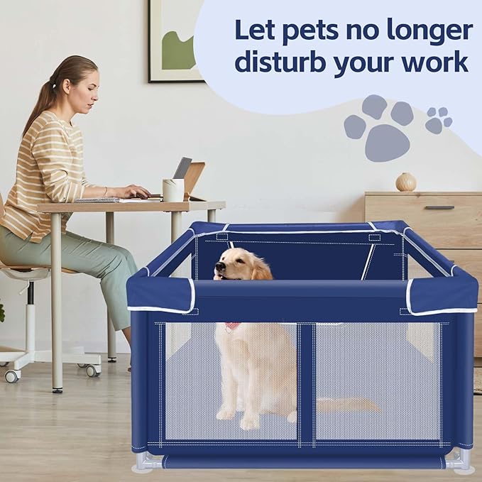 42x42x25.6 Inches Dog Playpen, Foldable Portable Soft Puppy Playpen with Gate, Thickened Fabric Mesh Dog Fence with High-Strength Nylon Wire Mesh, Indoor Outdoor Breathable Exercise Pet Fence Cage