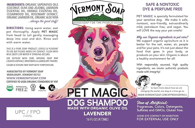 VERMONT SOAP Organics Pet Shampoo - Infused with Organic & Natural Olive Oil, Coconut & Aloe Vera Dog Shampoo for Sensitive Skin - USDA Certified Grooming Pet Shampoo (16oz)