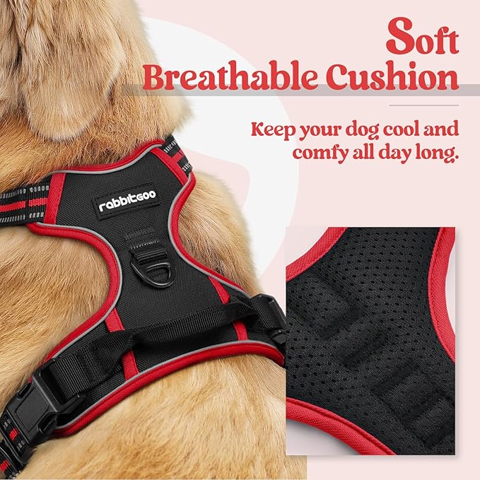 rabbitgoo Dog Harness, No-Pull Pet Harness with 2 Leash Clips, Adjustable Soft Padded Dog Vest, Reflective No-Choke Pet Oxford Vest with Easy Control Handle for Large Dogs, Black & Red, L