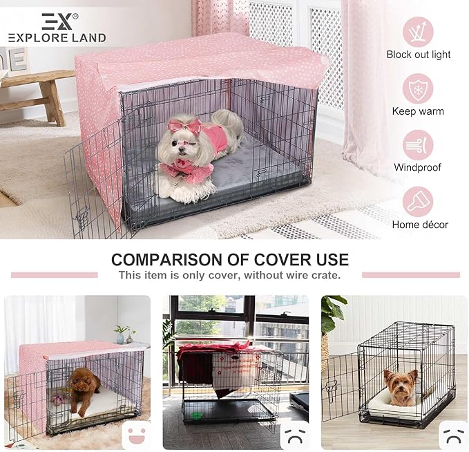 Explore Land Pattern Dog Crate Cover for 24 Inches Wire Cage, Heavy-Duty Polyester 1 2 3 Doors Standard Metal Pet Kennel Enclosure (Princess Pink)
